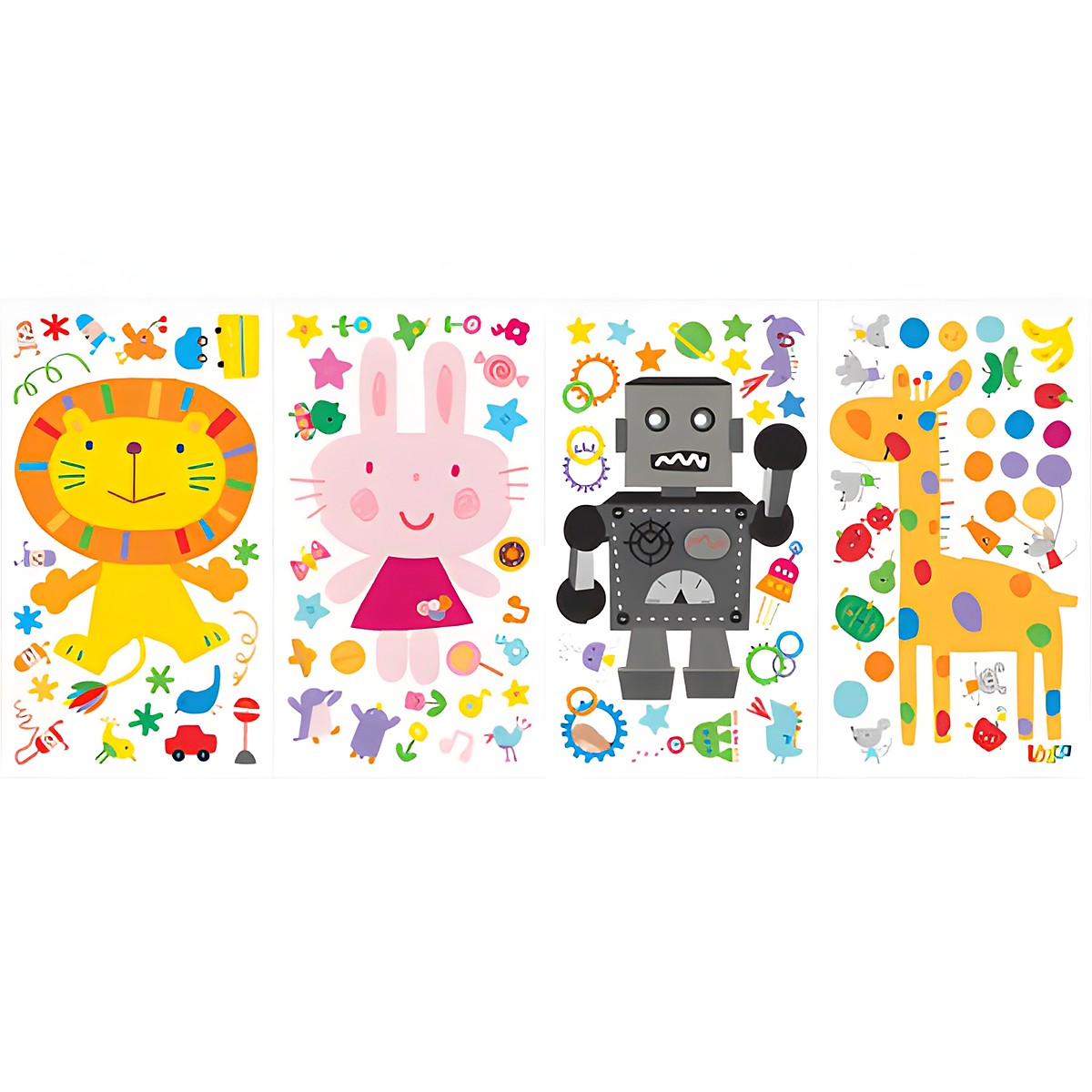 RoomMates wall decal Lazoo, four decal sheets with lion, rabbit, robot and giraffe motifs on a white background