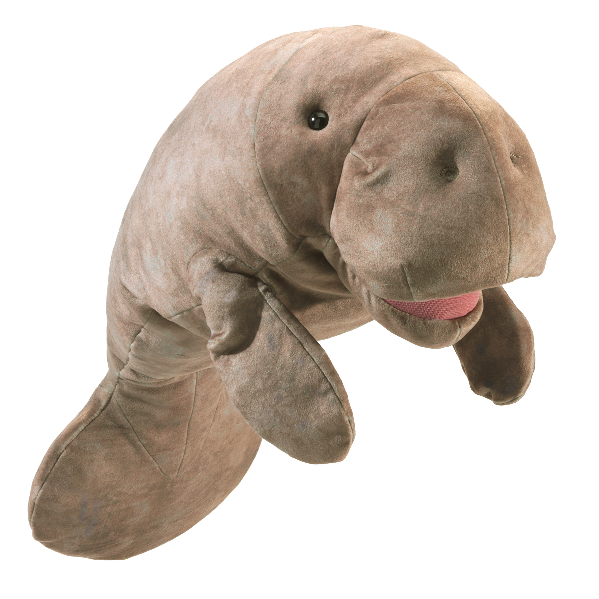 Folkmanis Handpuppe Seekuh aus graubraunem Plüsch mit beweglichem Maul, rosafarbenem Innenteil und Flossen, Schrägansicht