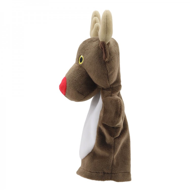 The Puppet Company baby hand puppet reindeer, side view with antlers and a red nose