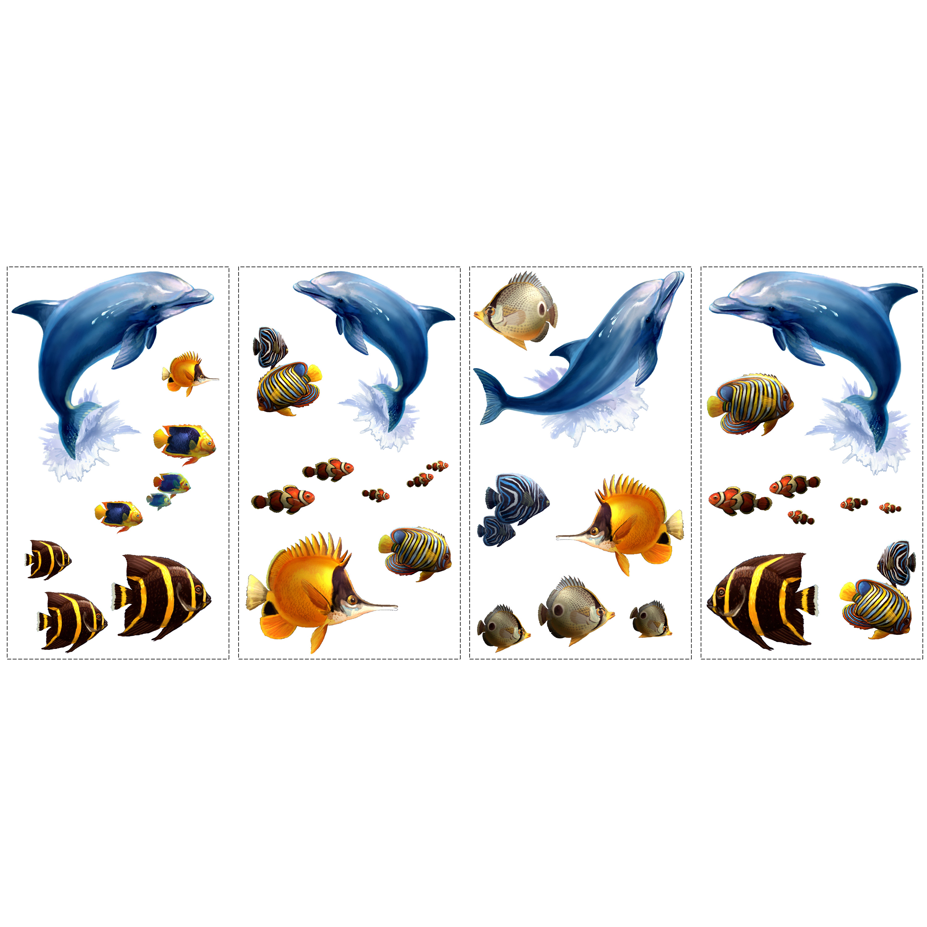 RoomMates wall decal Under Sea, four decal sheets with photorealistic dolphin and fish motifs on a white background