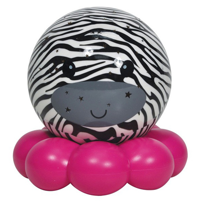 Cloud b sleep aid Dreamz to Go zebra, black-and-white patterned ball-shaped night light with pink base