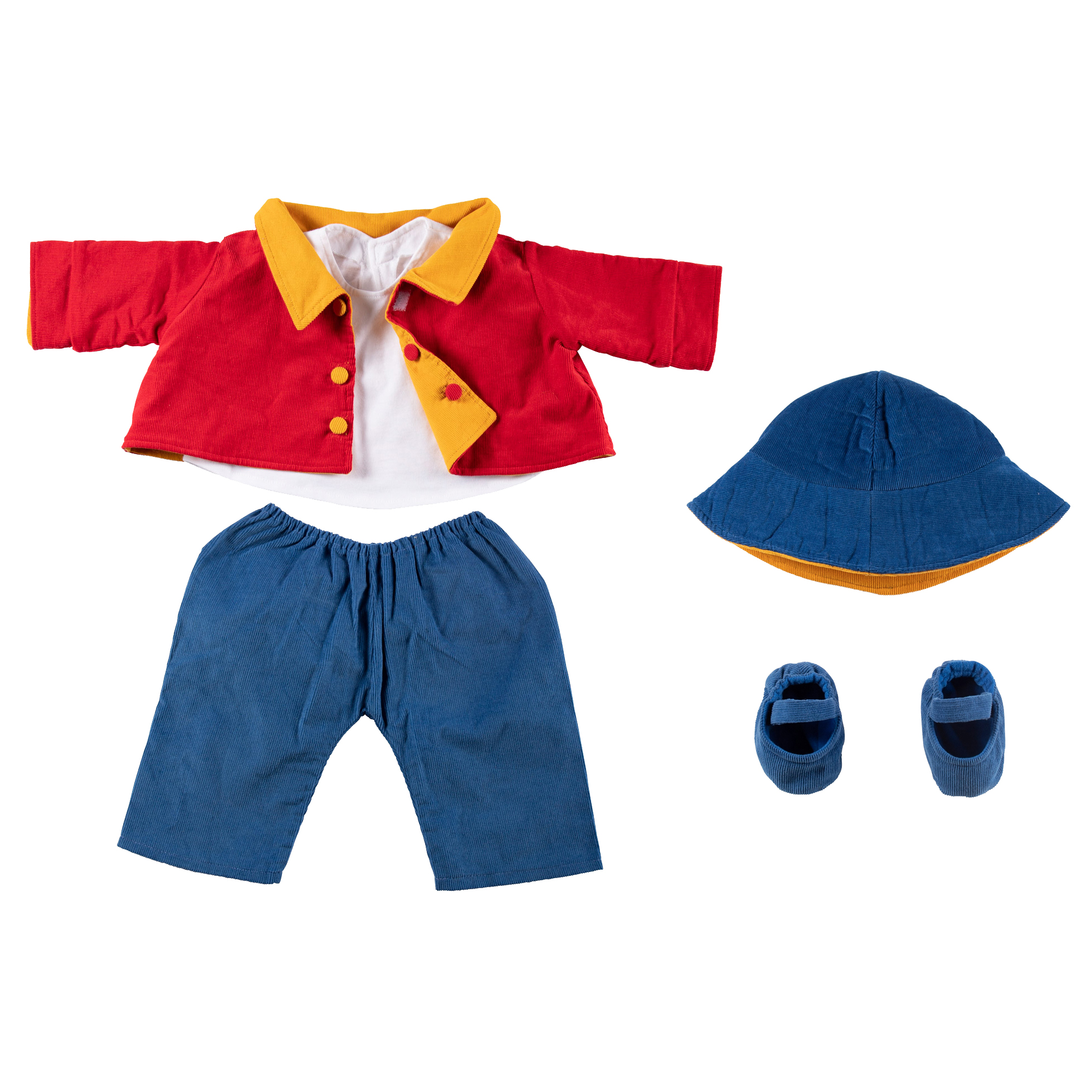 Joyk Kleiderset Wind & Wetter: rote Cordjacke, blaue Hose, Wendehut und Schuhe