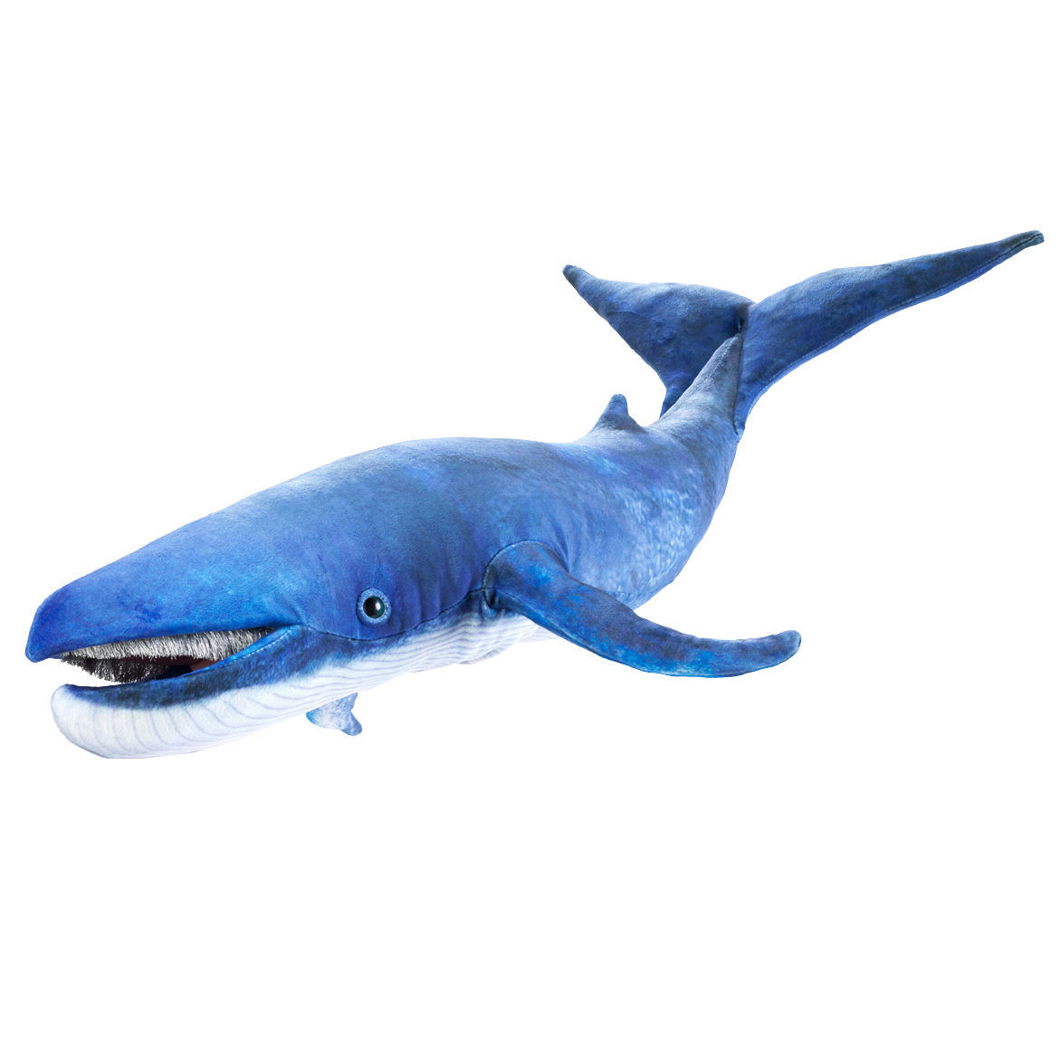 Folkmanis blue whale hand puppet in shades of blue with open mouth and baleen, side view on white background