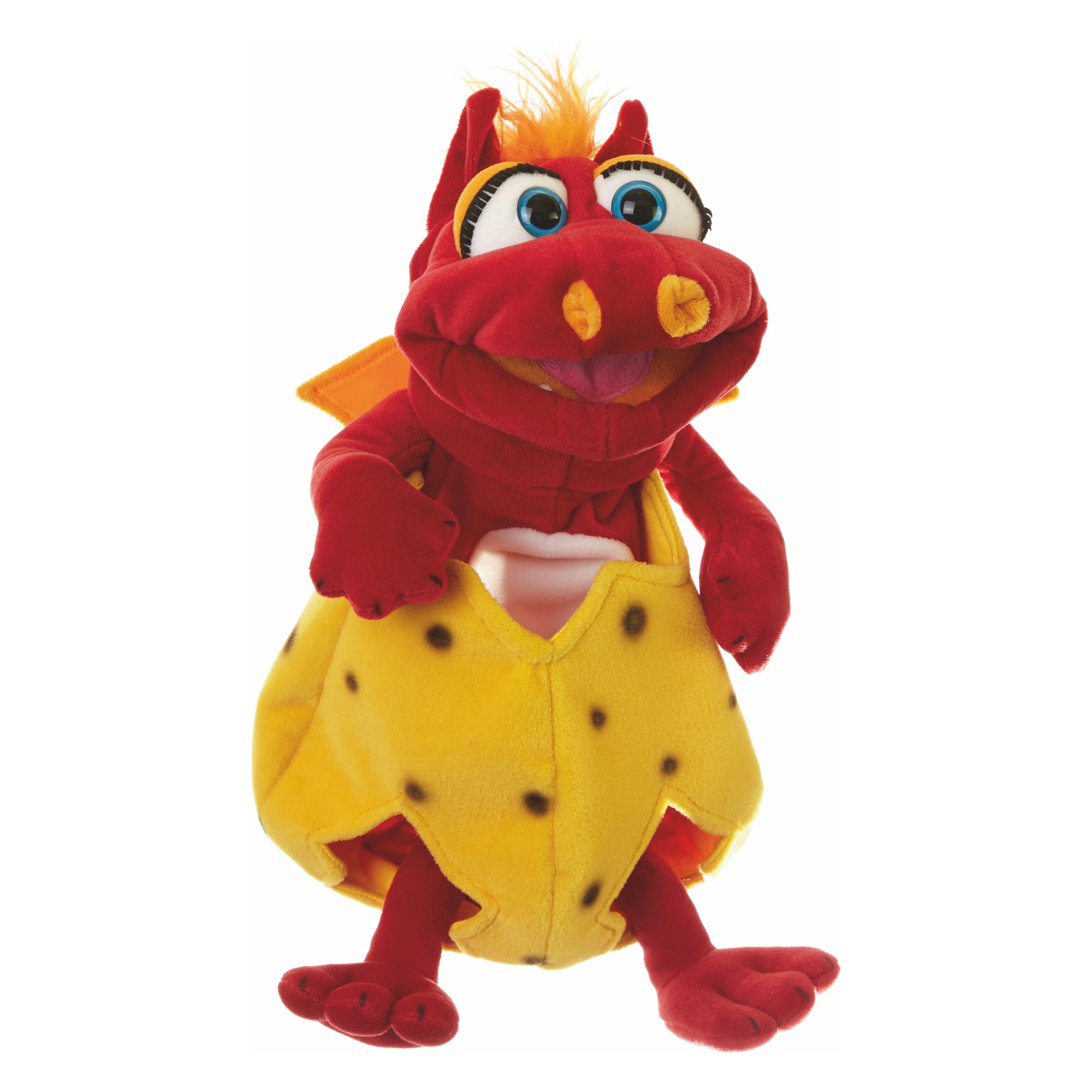 Living Puppets Handpuppe Drache Ottilie: roter Drache mit orangem Schopf im gelben Ei