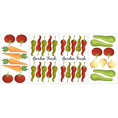 RoomMates Wandsticker Garden Fresh, vier Klebebögen mit Gemüsemotiven wie Tomaten, Möhren, Chilis und Zwiebeln auf weißem Untergrund