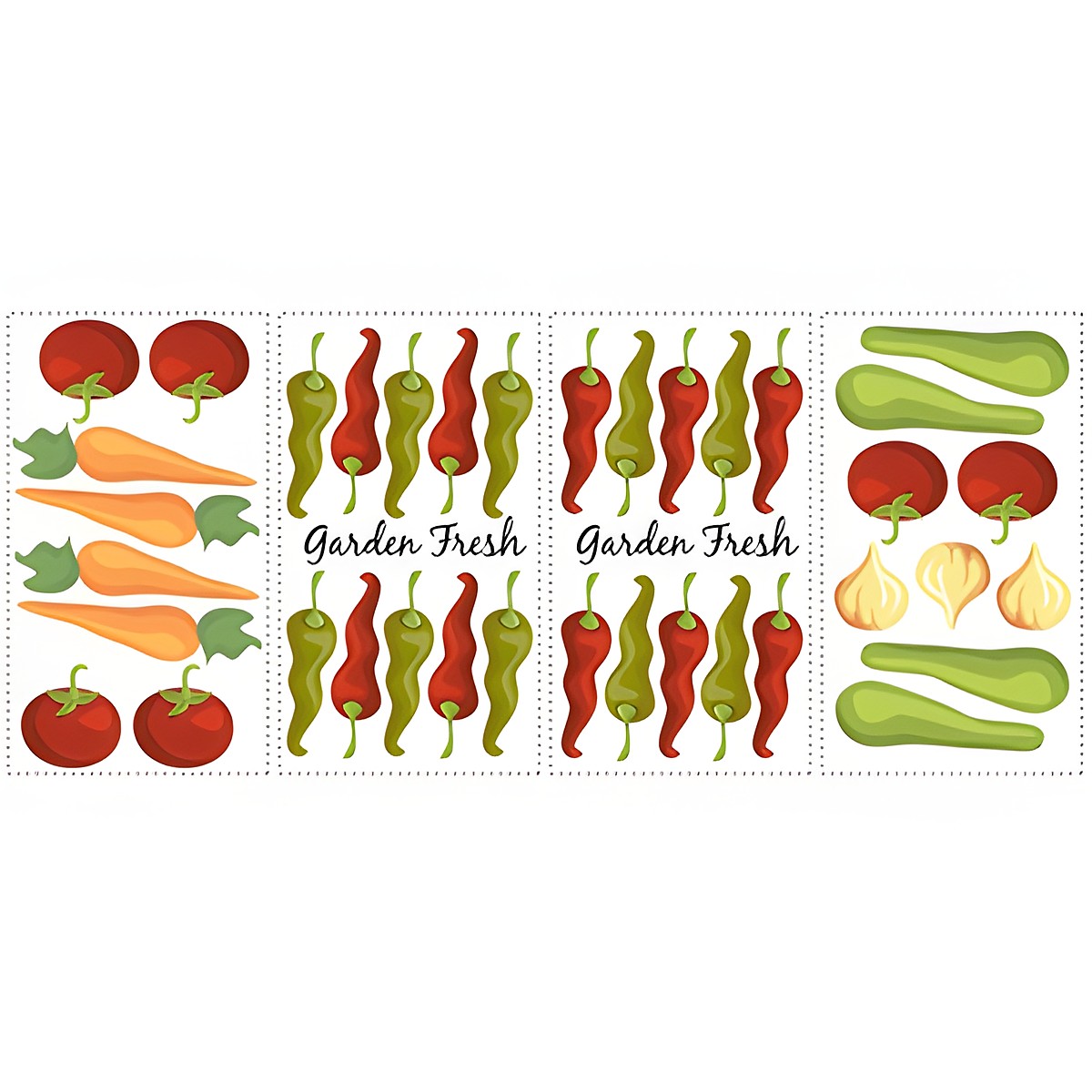 RoomMates Wandsticker Garden Fresh, vier Klebebögen mit Gemüsemotiven wie Tomaten, Möhren, Chilis und Zwiebeln auf weißem Untergrund