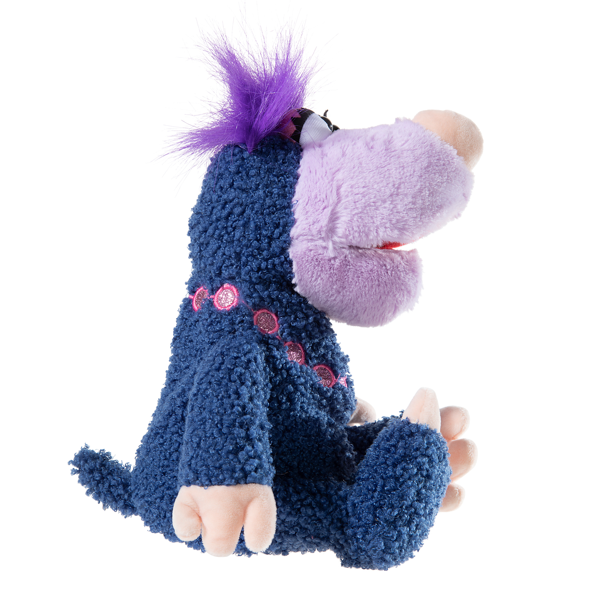 Heunec Handpuppe Mauli Maulwurf, violette Pluschfigur sitzend im Profil mit rosa Gesicht