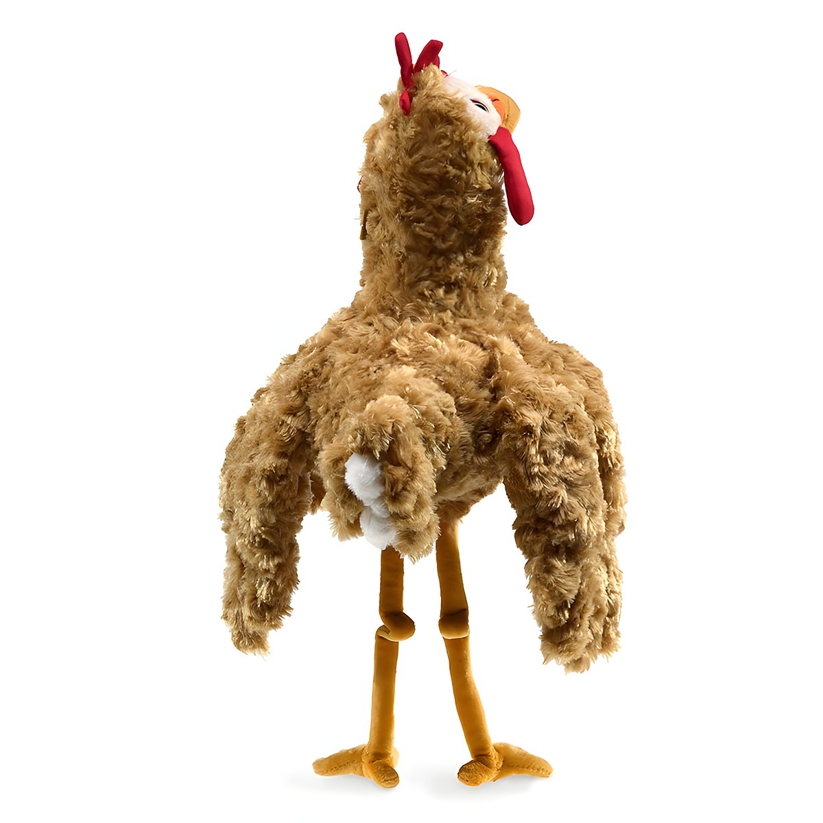 Folkmanis chicken hand puppet with curly brown plush, red comb and wattle, and long yellow legs, front view