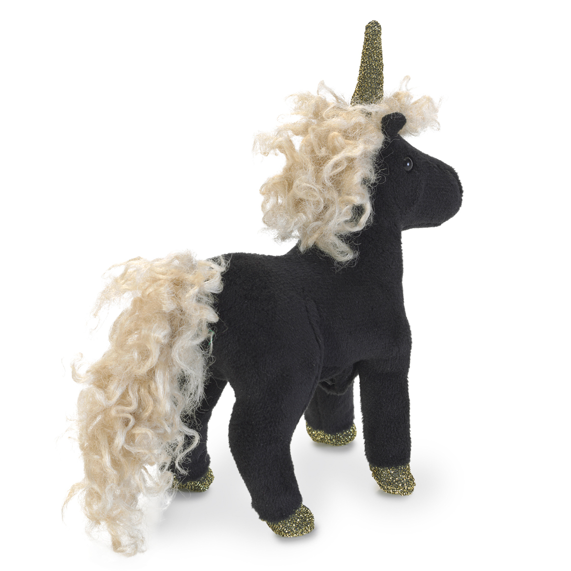 Folkmanis Fingerpuppe schwarzes Einhorn mit cremefarbenem Lockenmähne, Glitzerhorn und goldenen Hufen, stehend in Seitenansicht