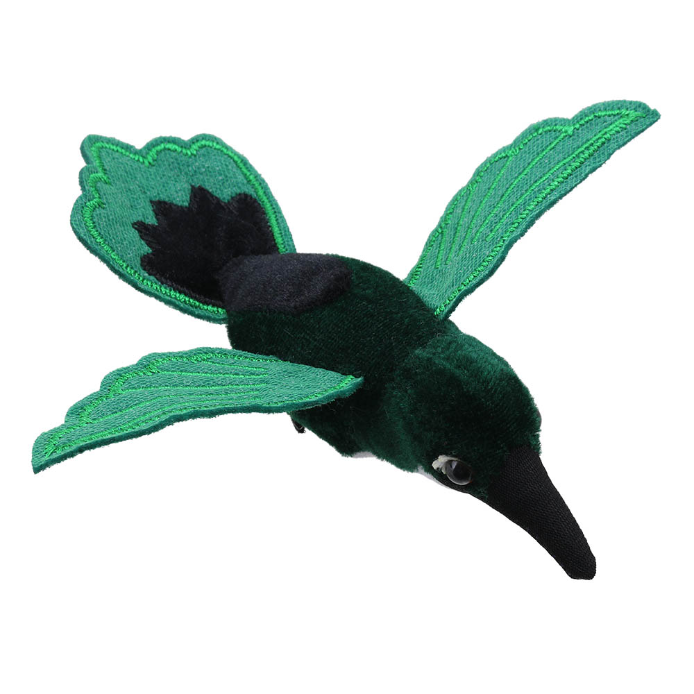 The Puppet Company Fingerpuppe Kolibri, grüner Kolibri mit schwarzem Kopf, Flügel nach oben gestreckt