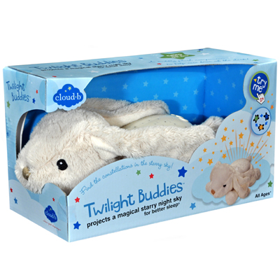 Cloud b sleep aid Twilight Buddies rabbit, retail packaging showing the starry sky projection