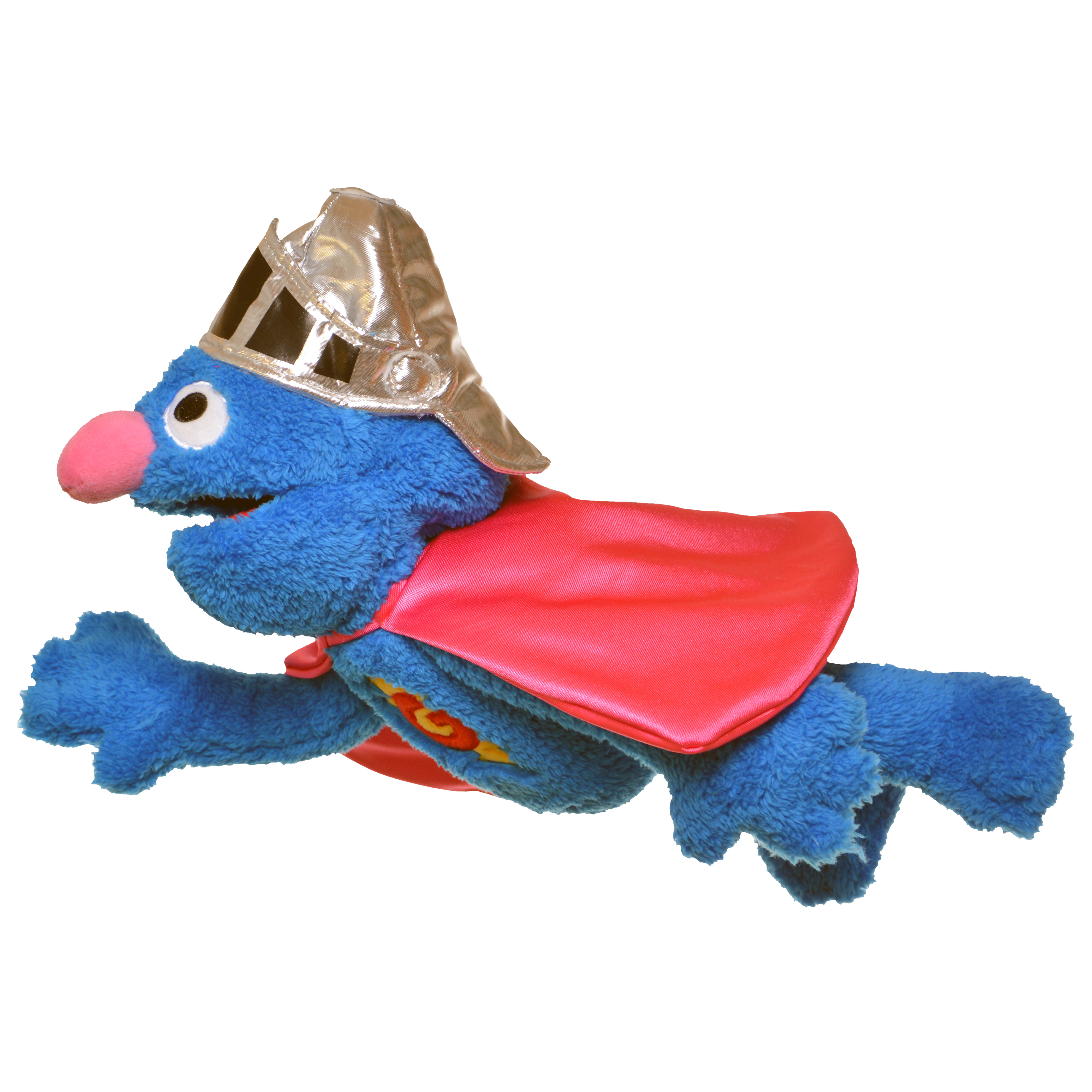 Living Puppets hand puppet Mini Super Grover from Sesame Street with blue fur, a silver helmet and a red cape in a flying pose