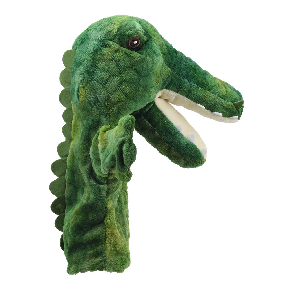 The Puppet Company crocodile hand puppet, green crocodile with ridged back spikes, right side view