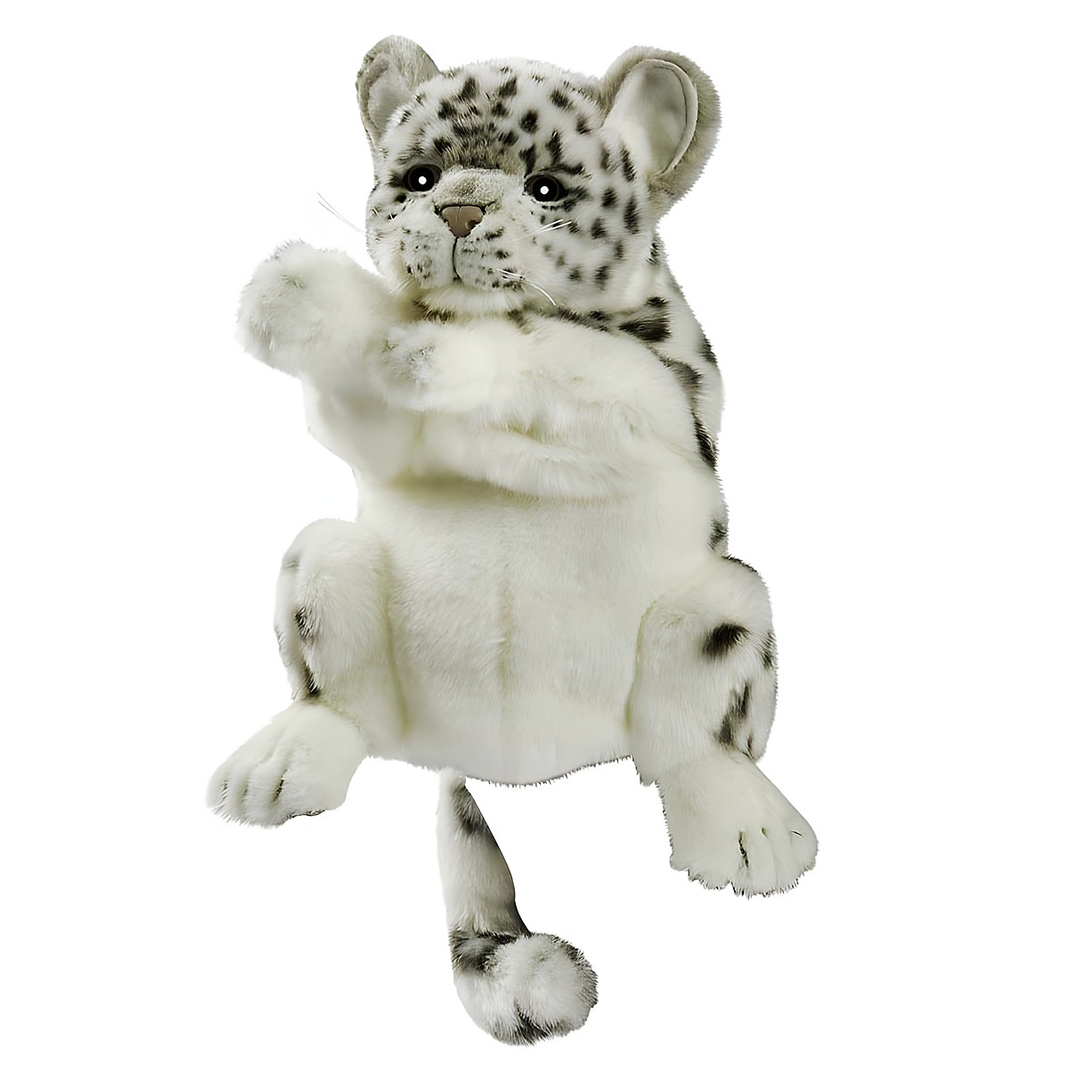 Schneeleopard Handpuppe von Hansa Creation mit weißgrau geflecktem Fell und dickem geflecktem Schwanz