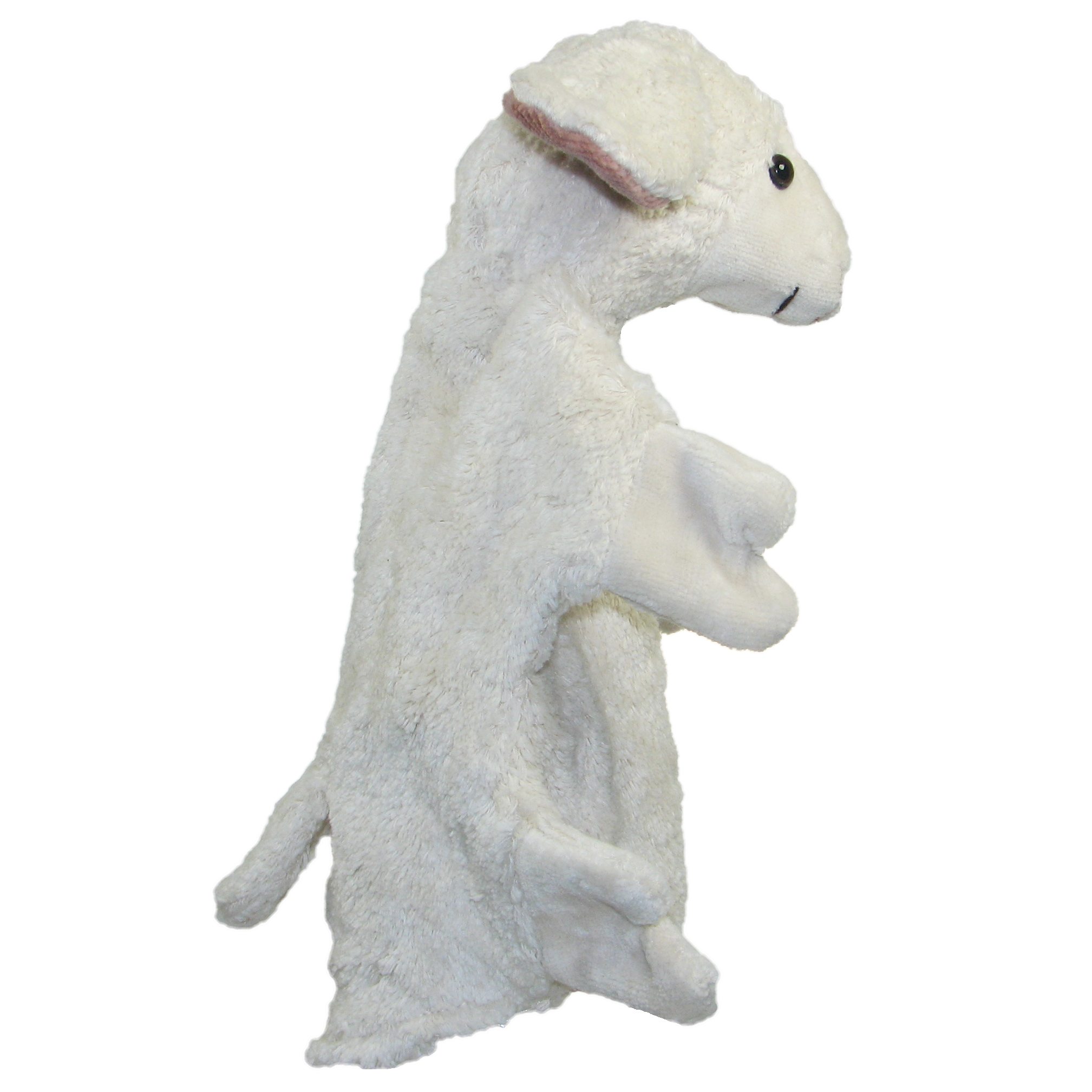 Kallisto Handpuppe Schaf Seitenansicht, weiße Handpuppe aus Naturmaterial mit rosa Ohrinnenseite und kurzem Schwanz
