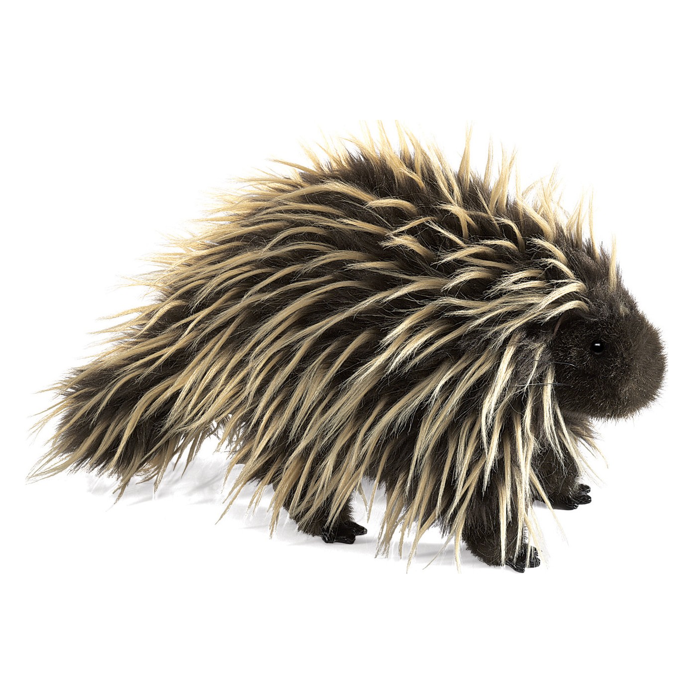 Folkmanis porcupine hand puppet in side view with a dark brown body and long cream-coloured quills