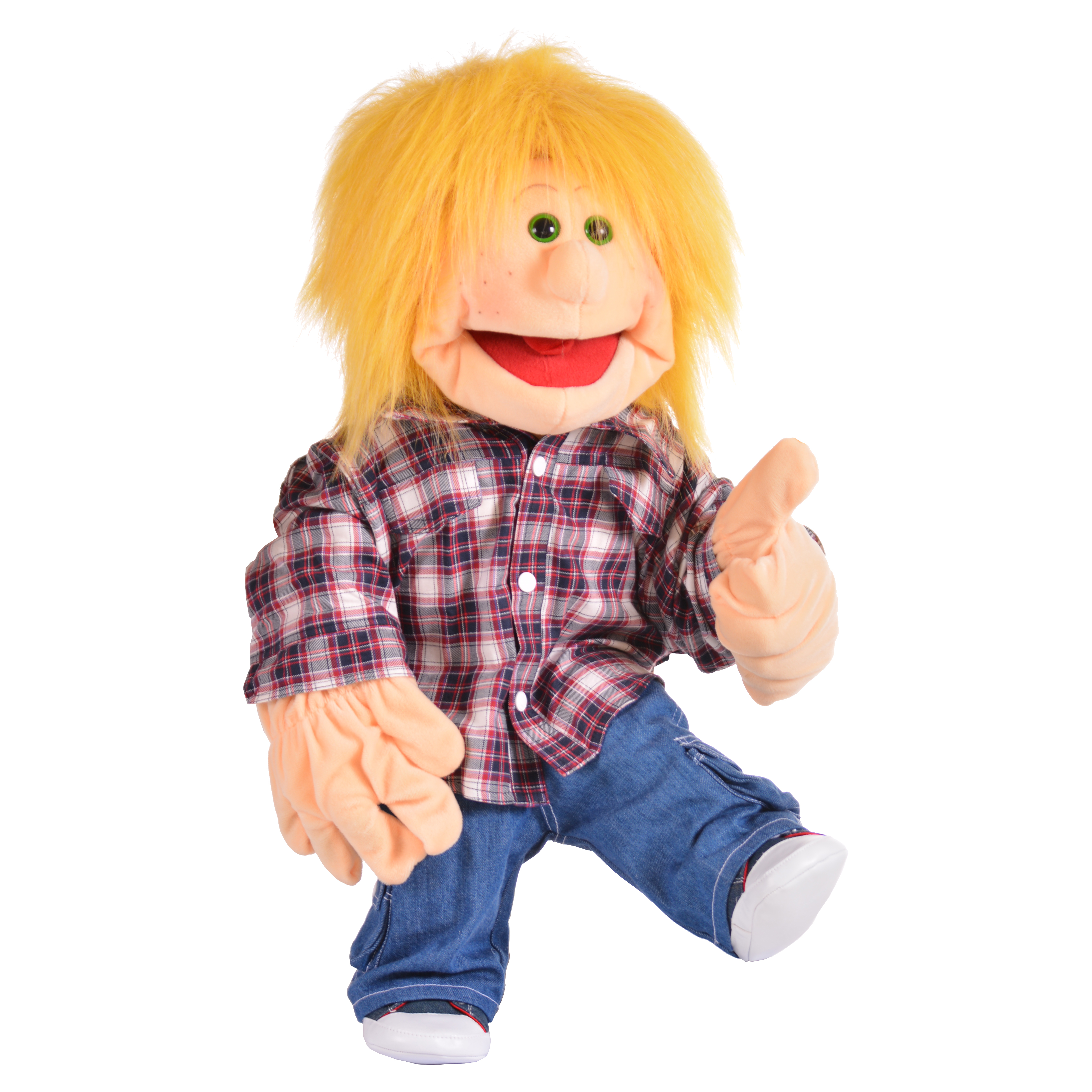 Living Puppets hand puppet Melvin with yellow hair in a plaid shirt and jeans, in a stepping pose with a raised thumb