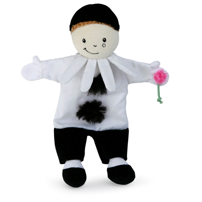 Egmont Toys hand puppet Pierrot, black beret, white collar with black pompoms, black trousers, holding a pink flower