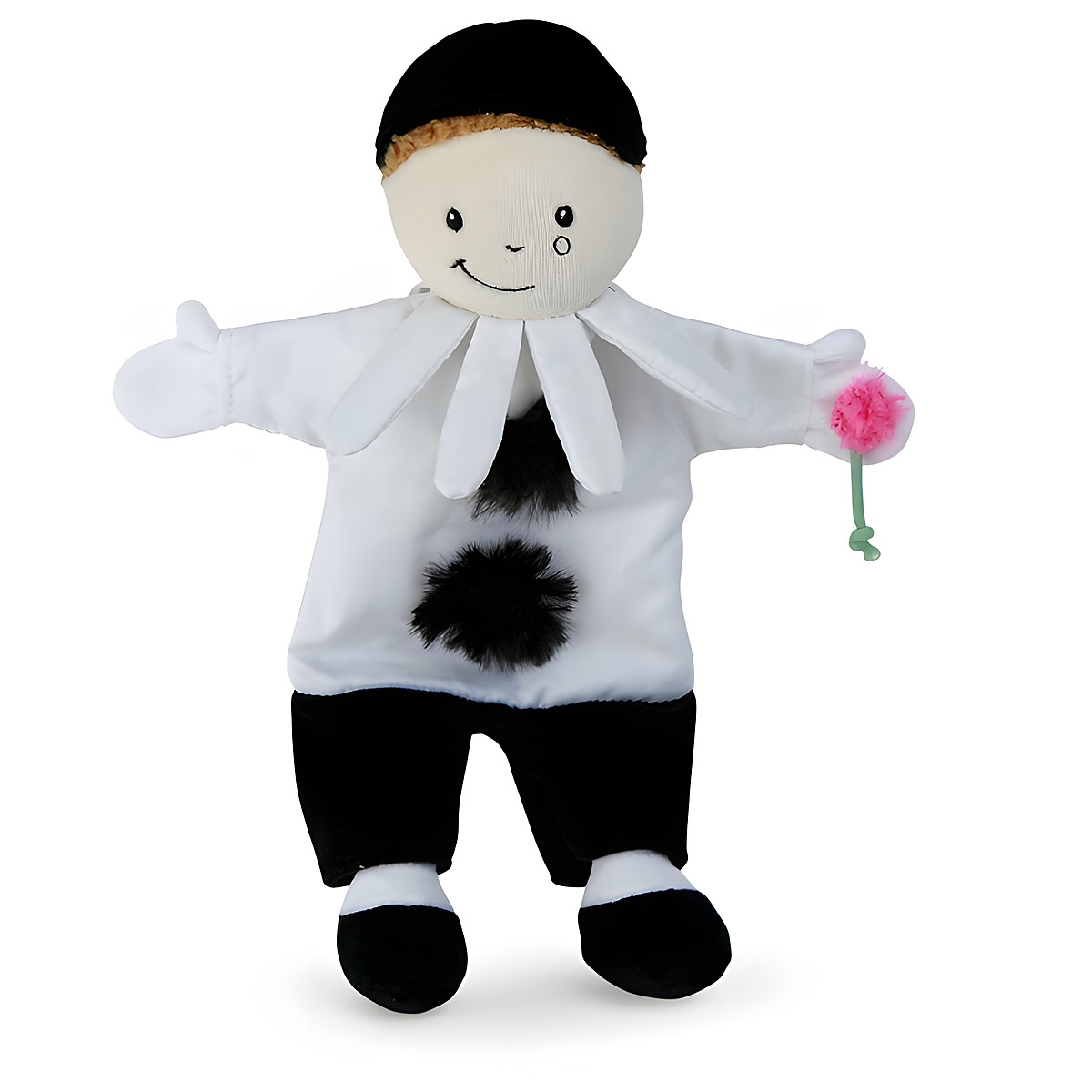 Egmont Toys Handpuppe Pierrot, schwarze Baskenmuetze, weisser Kragen mit schwarzen Bommeln, schwarze Hose, haelt rosa Bluete