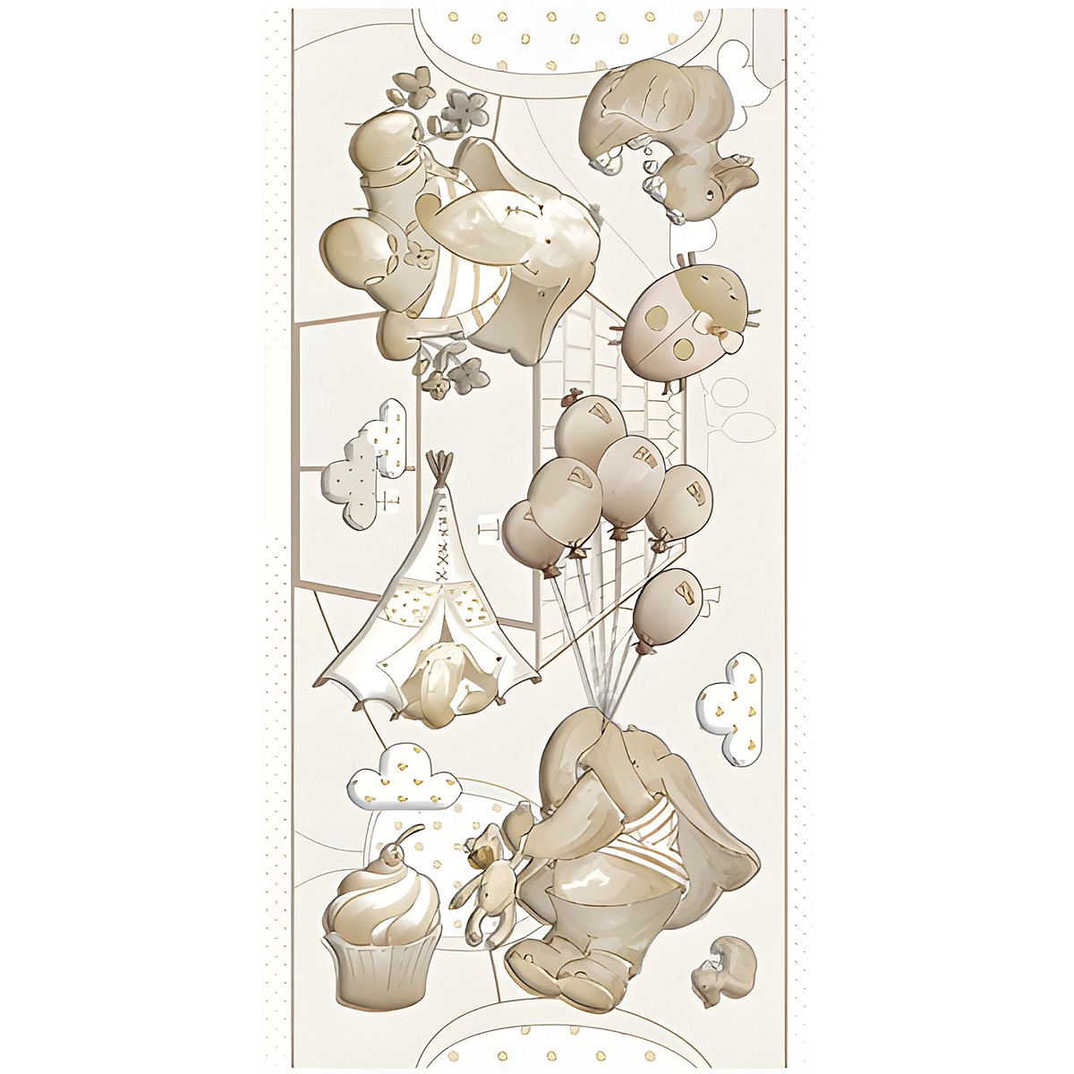 graham & brown 3D wall decoration Eleflump, sticker sheet with elephant, balloons, tent and cupcake in beige and cream