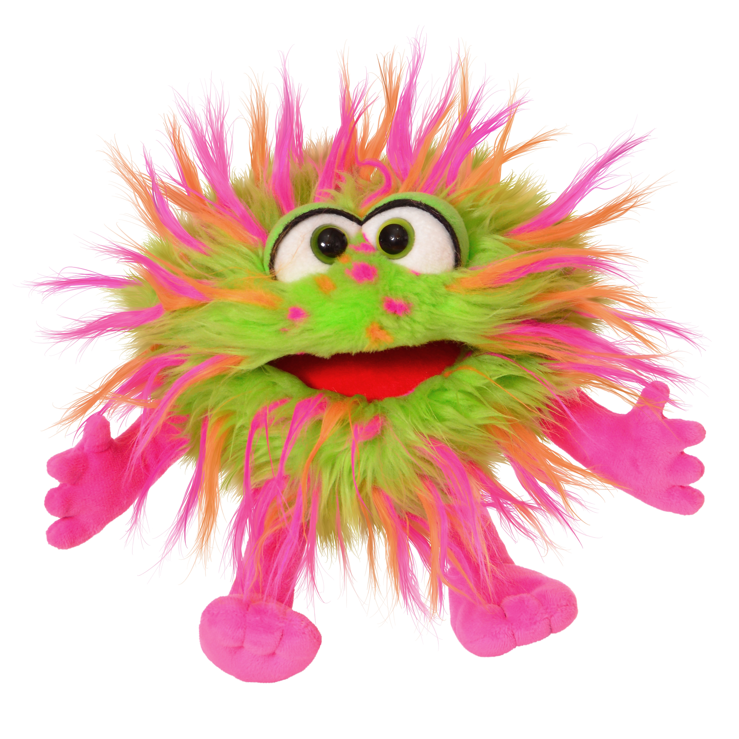 Living Puppets Handpuppe Knibbles, grünes Zottelmonster mit pink-orangefarbenen Strähnen, pinken Händen und Füßen und geöffnetem rotem Mund