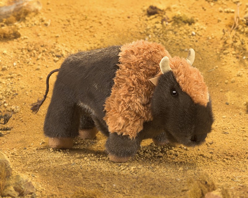 Folkmanis hand puppet small bison in side view with dark grey body and curly brown fur on the hump