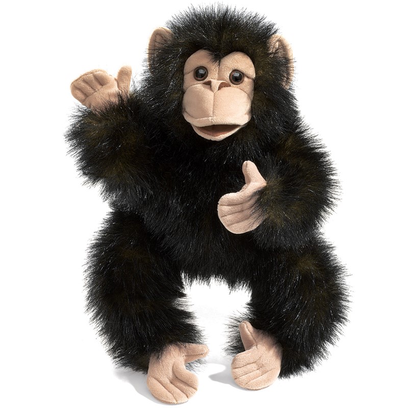 Folkmanis Handpuppe Baby Schimpanse mit schwarzem Plüschfell, beigem Gesicht und beweglichem Mund, Frontansicht vor weißem Hintergrund