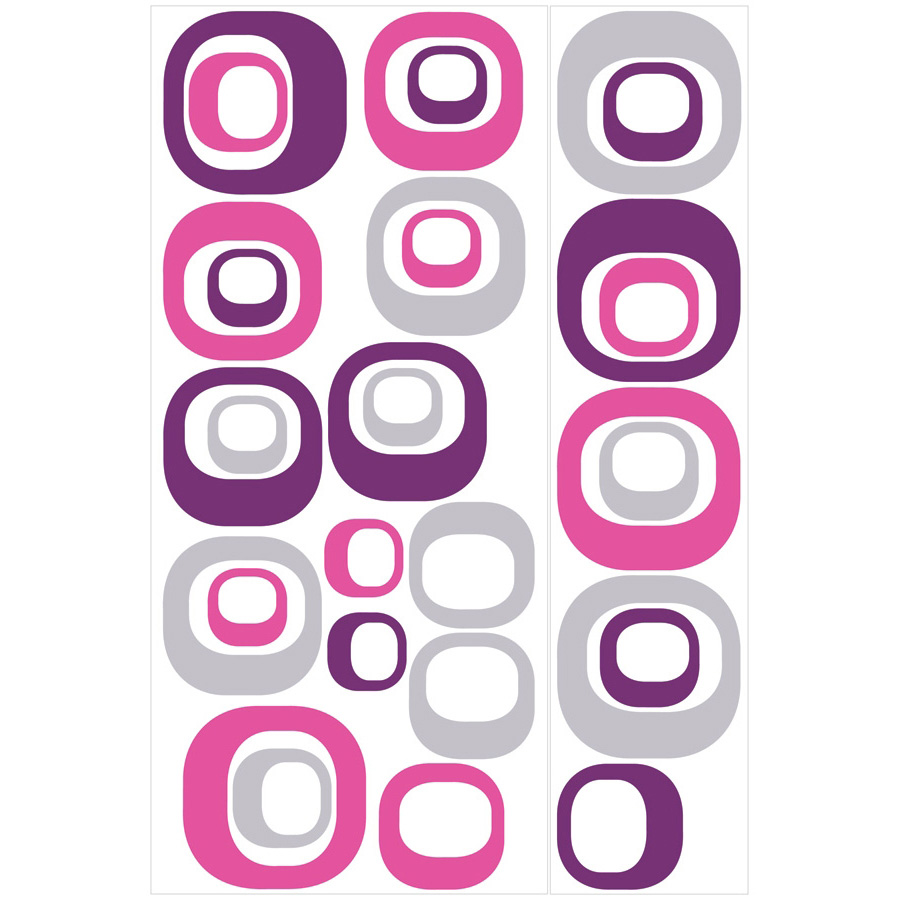 RoomMates Wandbild Modern Ovals, Klebebogen mit pinken, lila und grauen Ovalring-Motiven auf weißem Untergrund