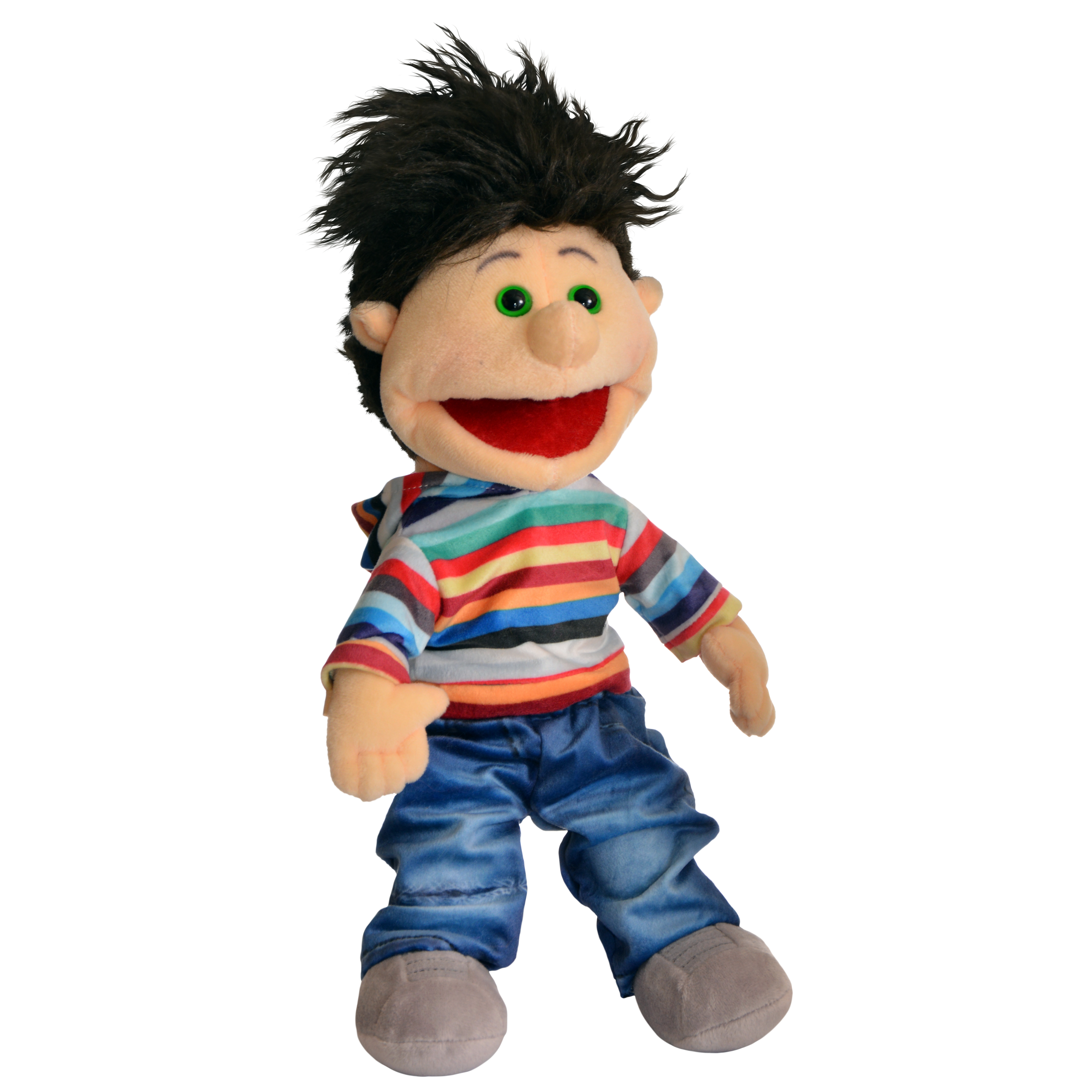 Living Puppets Handpuppe Toffi Mini mit schwarzen strubbeligen Haaren, grünen Augen, bunt gestreiftem Shirt und Jeans