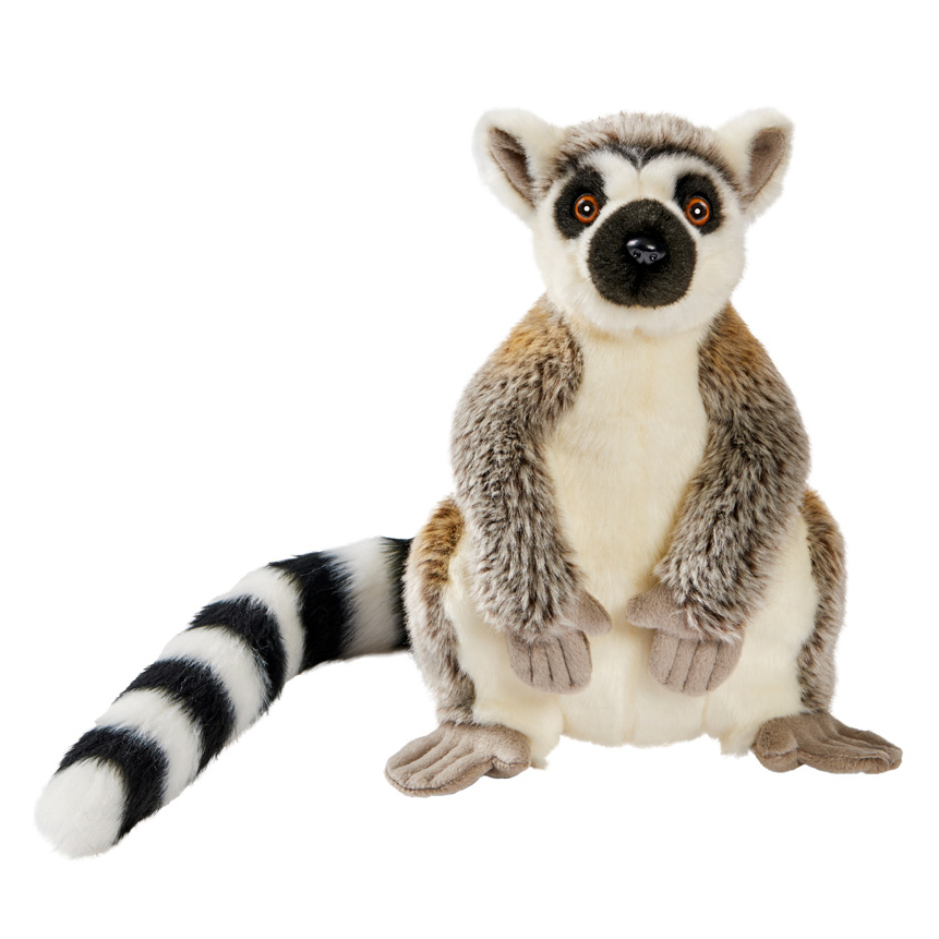 Sitzender Lemur von Anima mit grau-weißem Fell, orangefarbenen Augen und schwarz-weiß geringeltem Schwanz