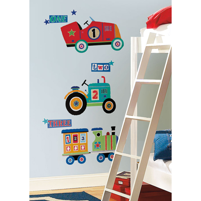 RoomMates wall decal Transportation Giant Peel & Stick, colourful vehicle motifs with a car, tractor and train plus number lettering on a light blue children's room wall next to a ladder