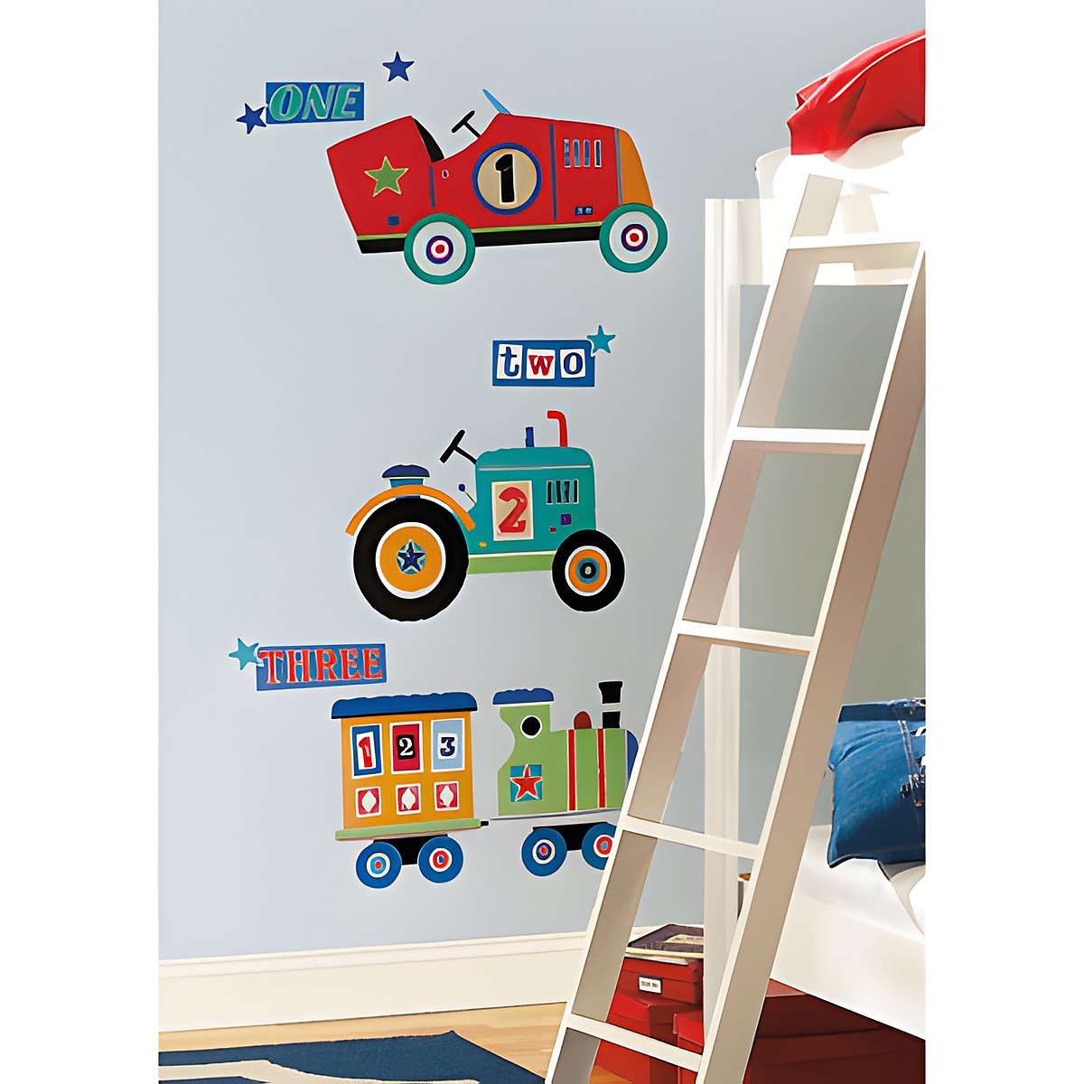 RoomMates wall decal Transportation Giant Peel & Stick, colourful vehicle motifs with a car, tractor and train plus number lettering on a light blue children's room wall next to a ladder