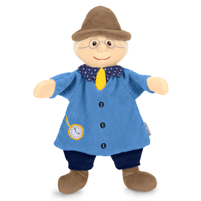 Sterntaler baby hand puppet grandpa, brown hat, round glasses, blue jacket with a yellow tie and a pocket watch