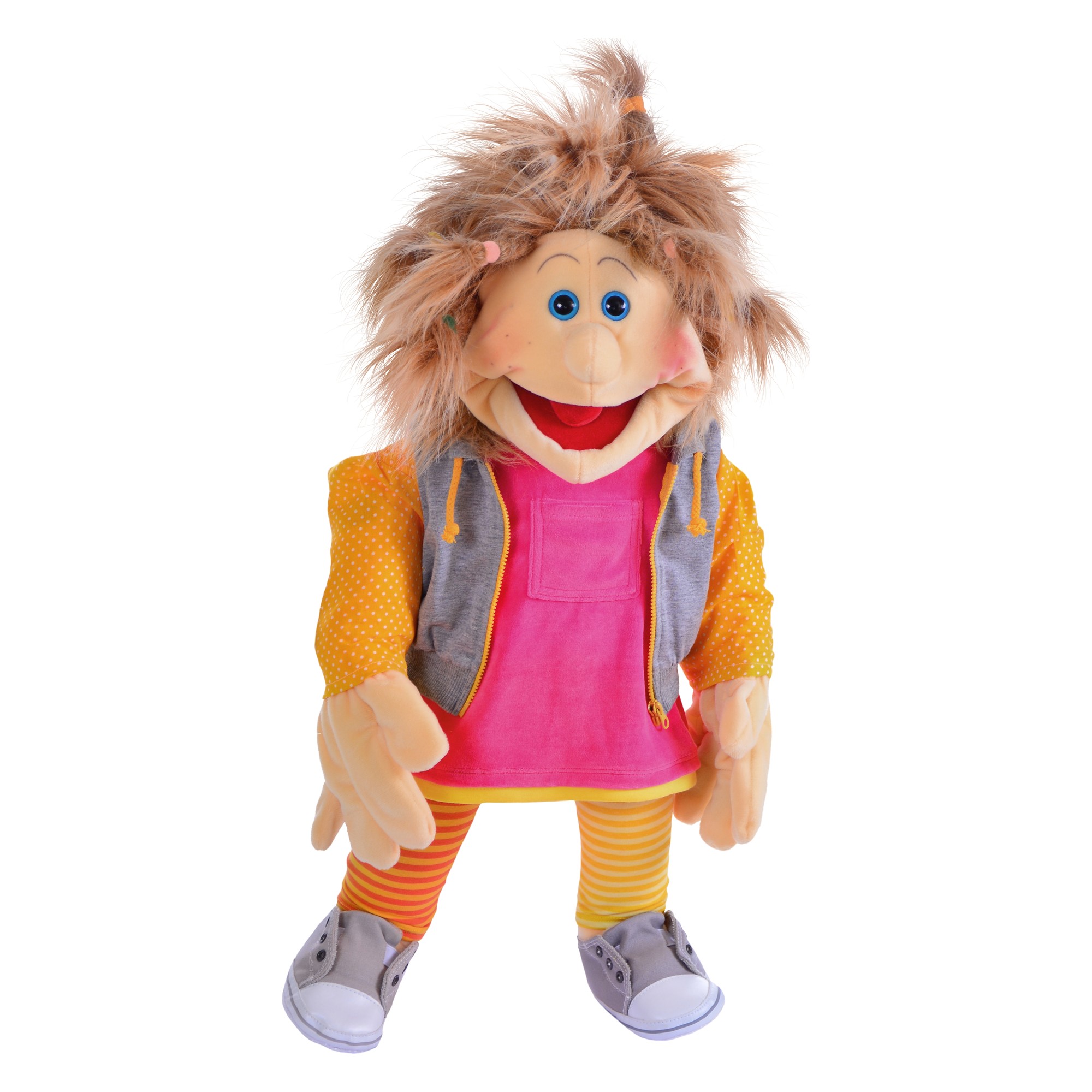 Living Puppets Handpuppe Lana mit strubbeligen hellbraunen Haaren, pinkem Kleid, grauer Kapuzenweste und orange-gelb gestreiften Leggings