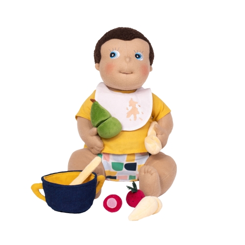 Rubens Barn baby doll with the complete feeding set: pot, spoon and plush fruit