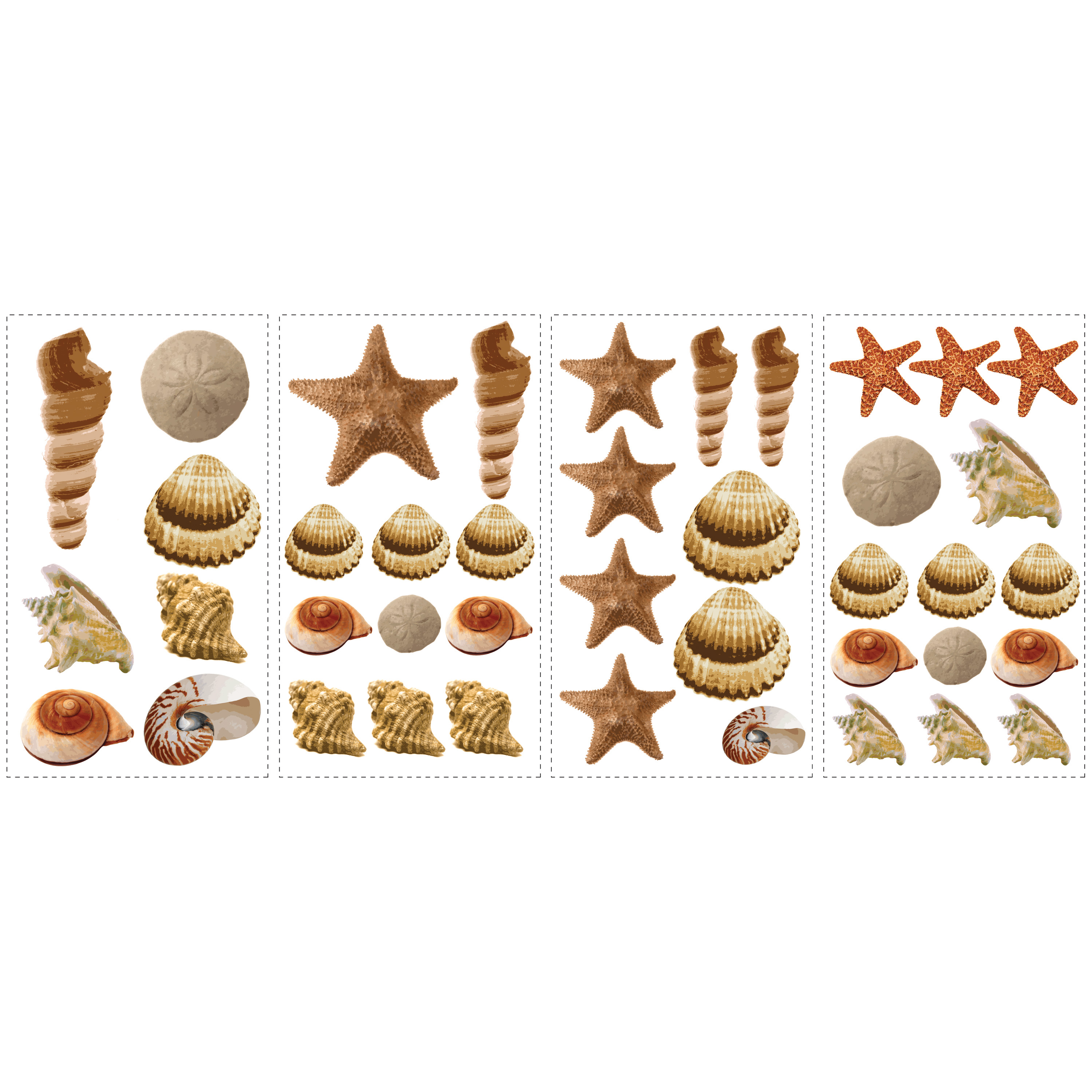 RoomMates Wandsticker Sea Shells Peel & Stick, vier Klebebögen mit fotorealistischen Muschel- und Seestern-Motiven auf weißem Untergrund