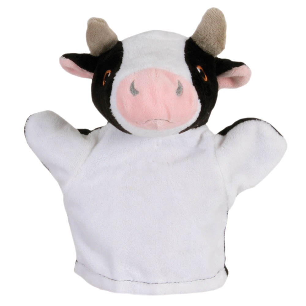 The Puppet Company Baby-Handpuppe Kuh, schwarz-weiße Handpuppe mit rosa Nase und kleinen Hörnern