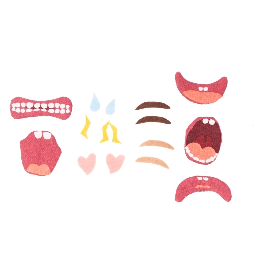 Hook-and-loop elements of the Rubens Barn facial expressions set: mouths, eyebrows, tears and hearts