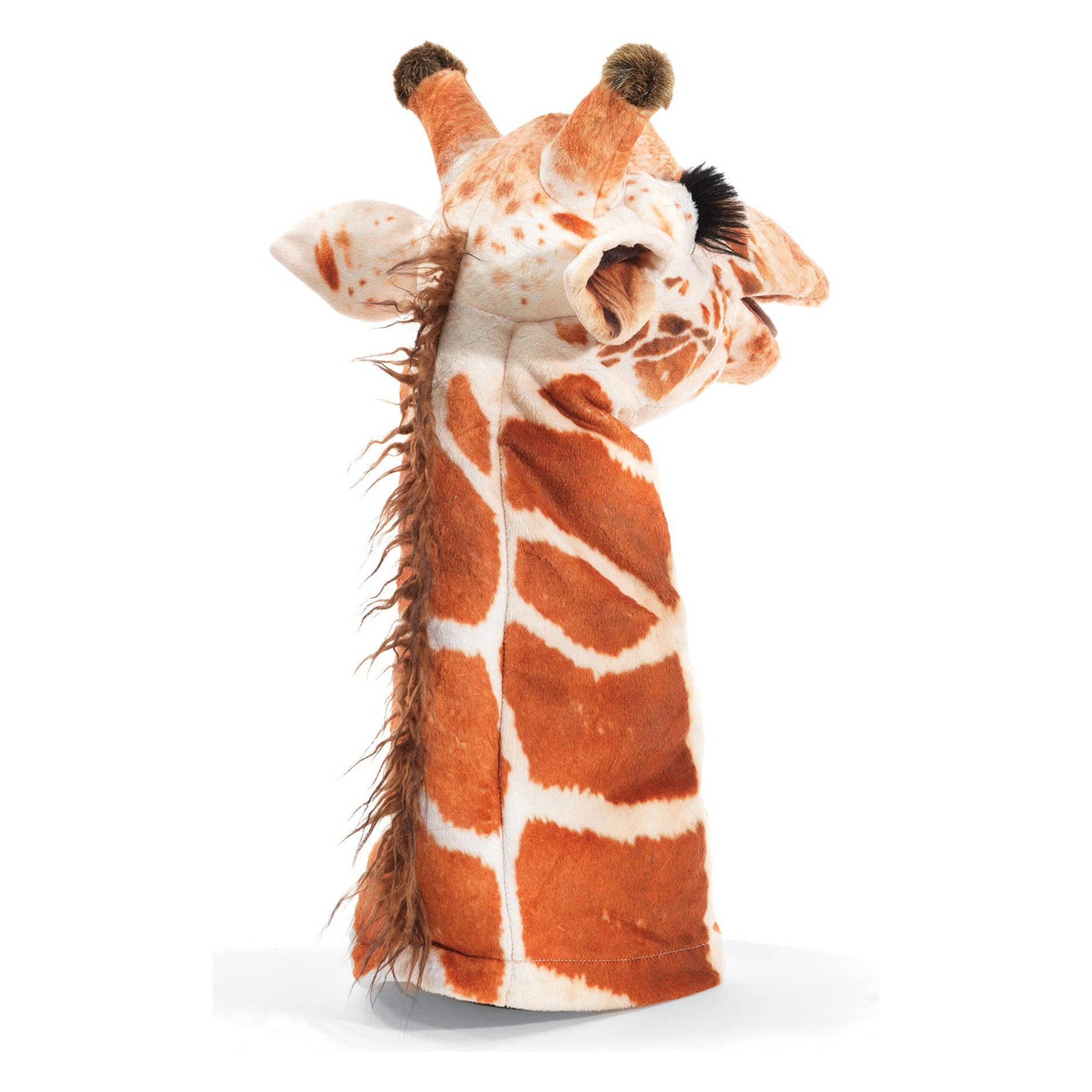 Folkmanis giraffe hand puppet with movable mouth, orange-brown and white spotted pattern and mane, shown at an angle