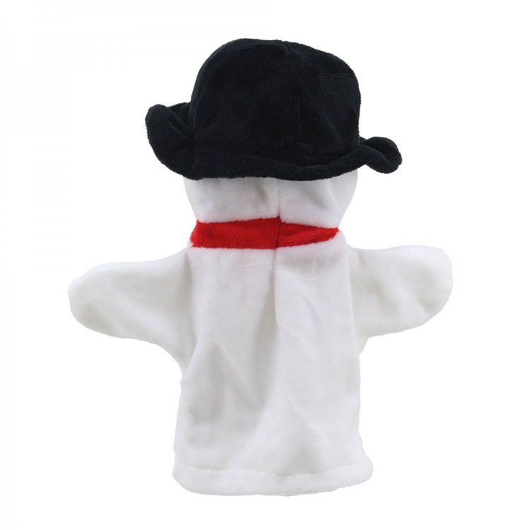 The Puppet Company baby hand puppet snowman, back view with a black hat and red scarf