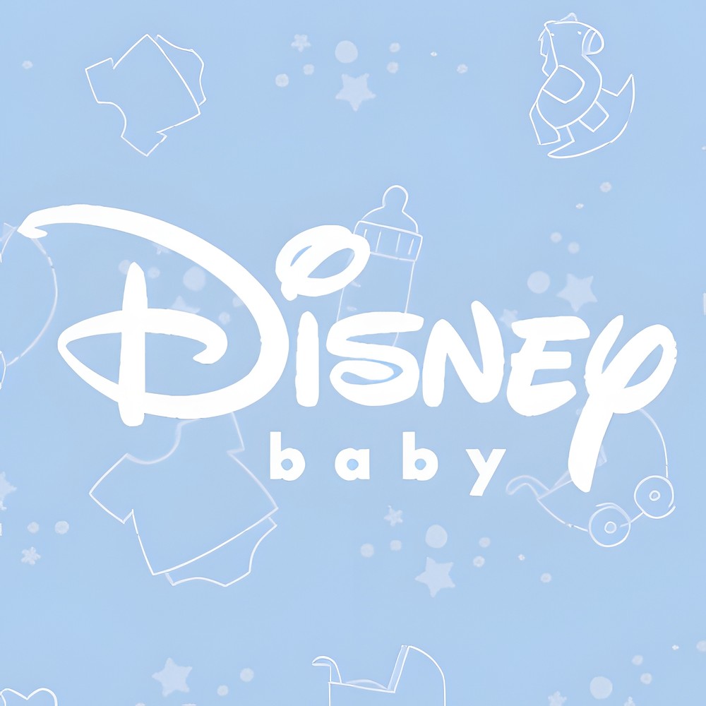 decofun Winnie the Pooh Baby brand image, Disney Baby logo on a pale blue background with baby icons such as a onesie and bottle