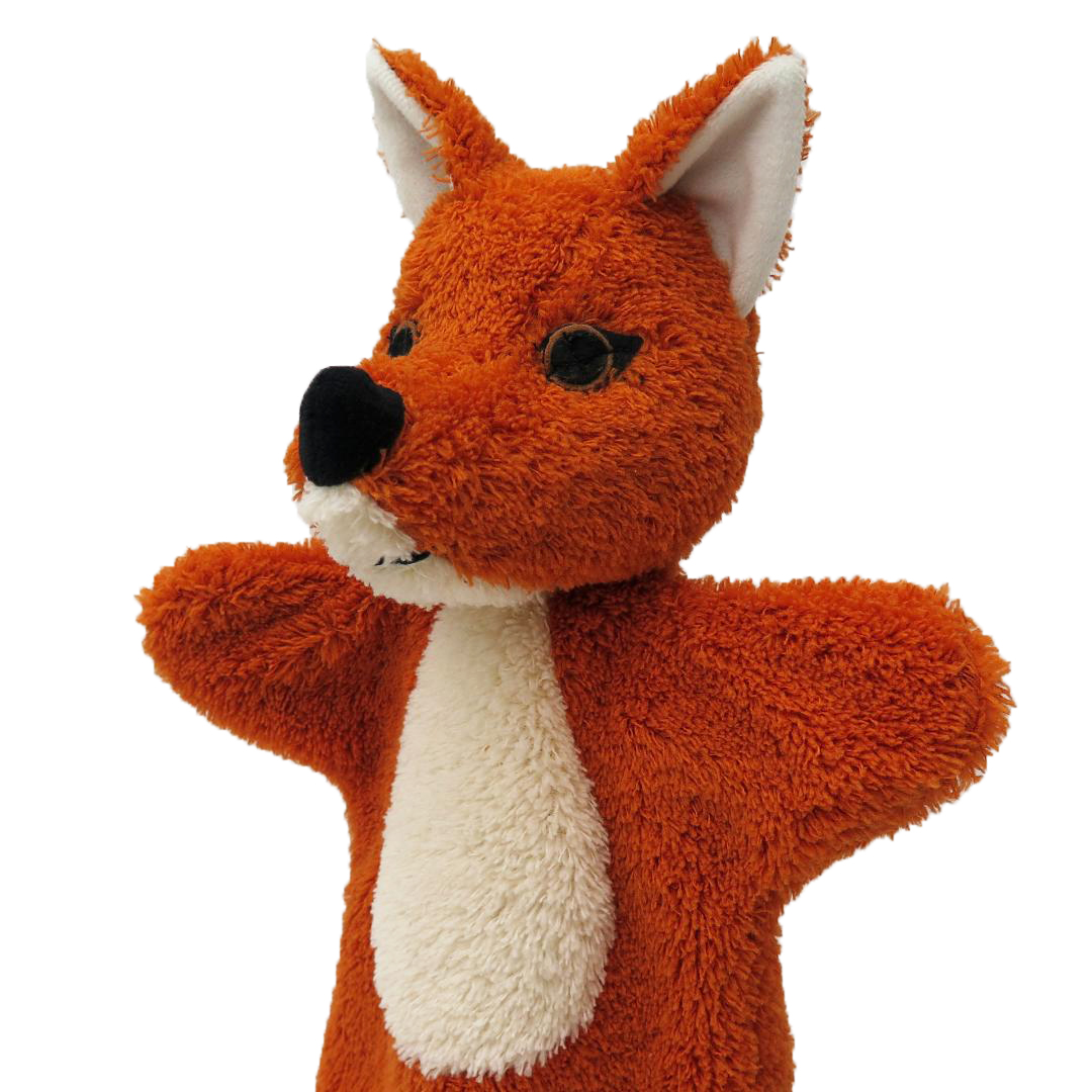 Kasperlepuppe Fuchs von munabo in Nahaufnahme mit schwarzer Knopfnase und heller Schnauze