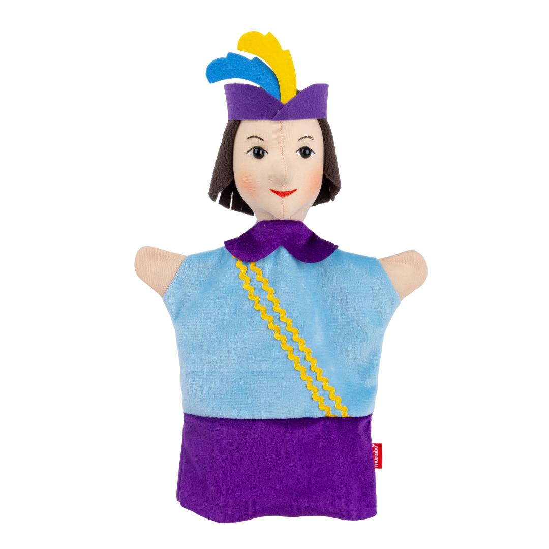 Kasperlepuppe Prinz von munabo, Vorderansicht: hellblaues Oberteil mit violettem Kragen und goldener Schrägborte.