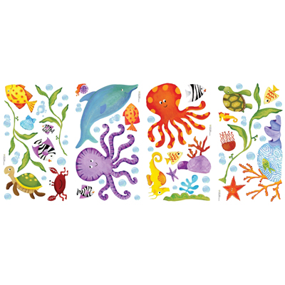 RoomMates wall decal Adventures Under the Sea, four decal sheets with individual sea creature motifs on a white background
