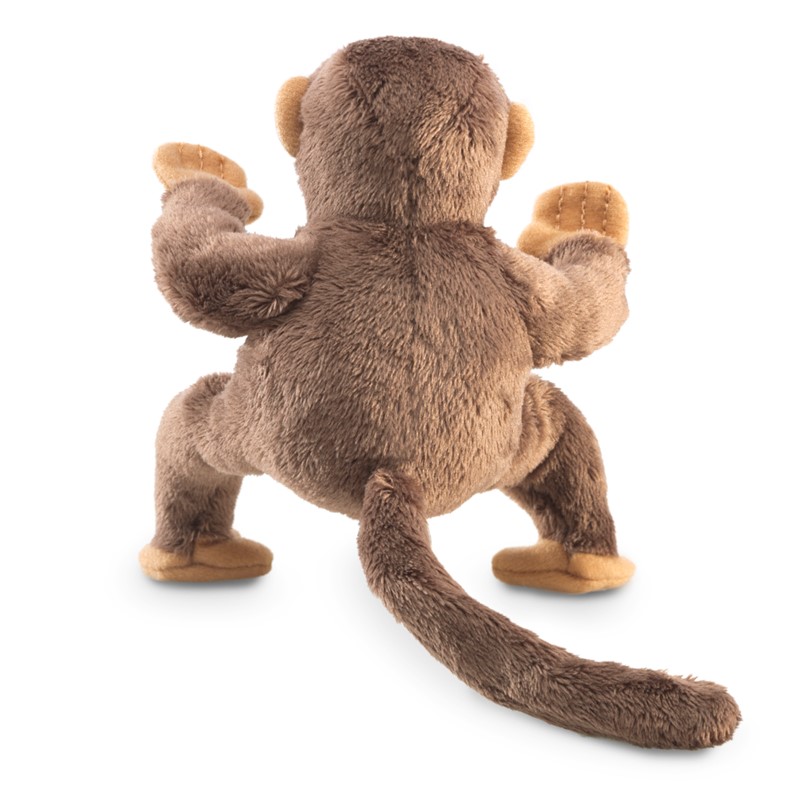 Folkmanis Fingerpuppe mini Affe in Braun, Rückenansicht mit langem Schwanz und beigen Handflächen