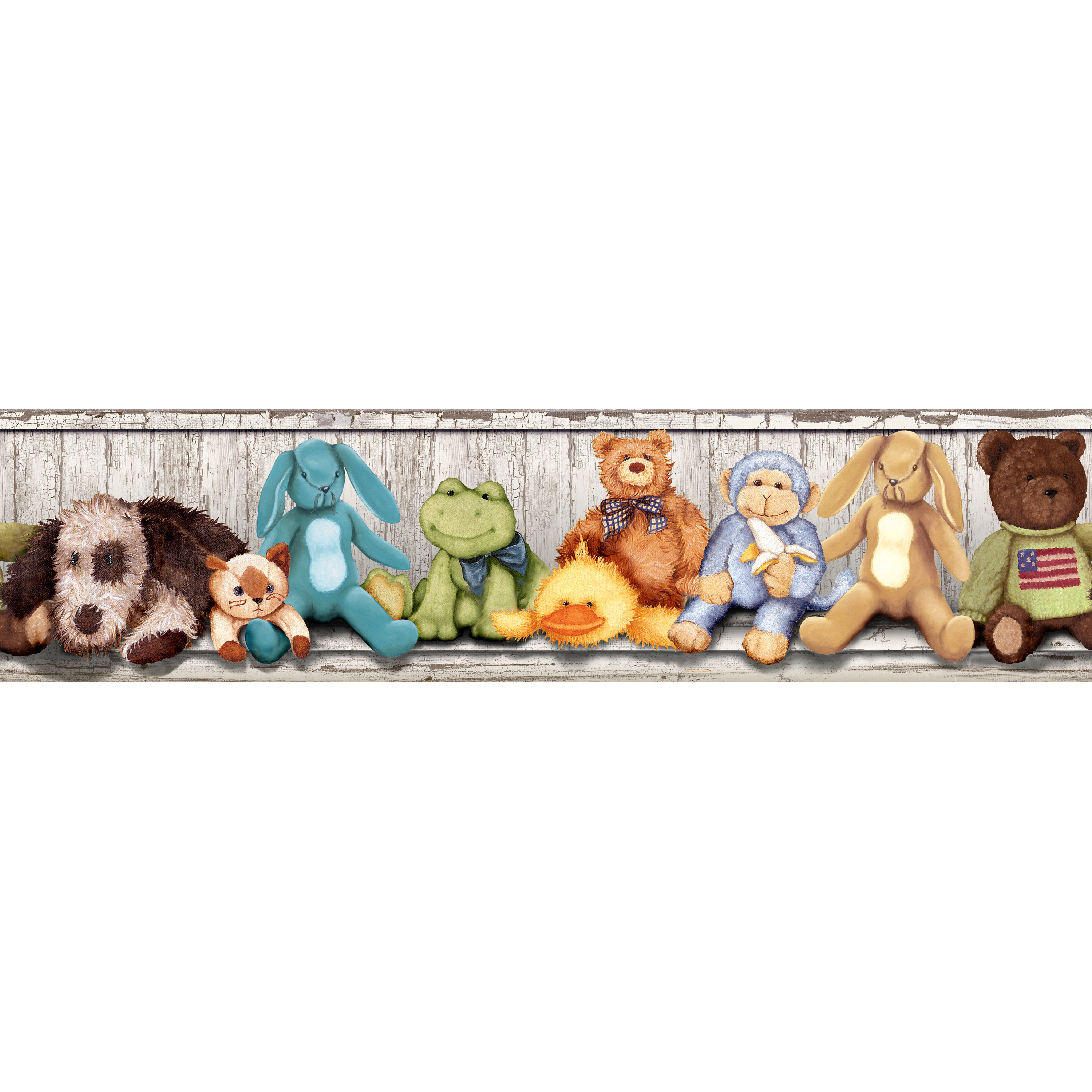 RoomMates border Cuddle Buddies, close-up of the illustrated shelf strip with a dog, rabbit, frog, duck, bear and monkey