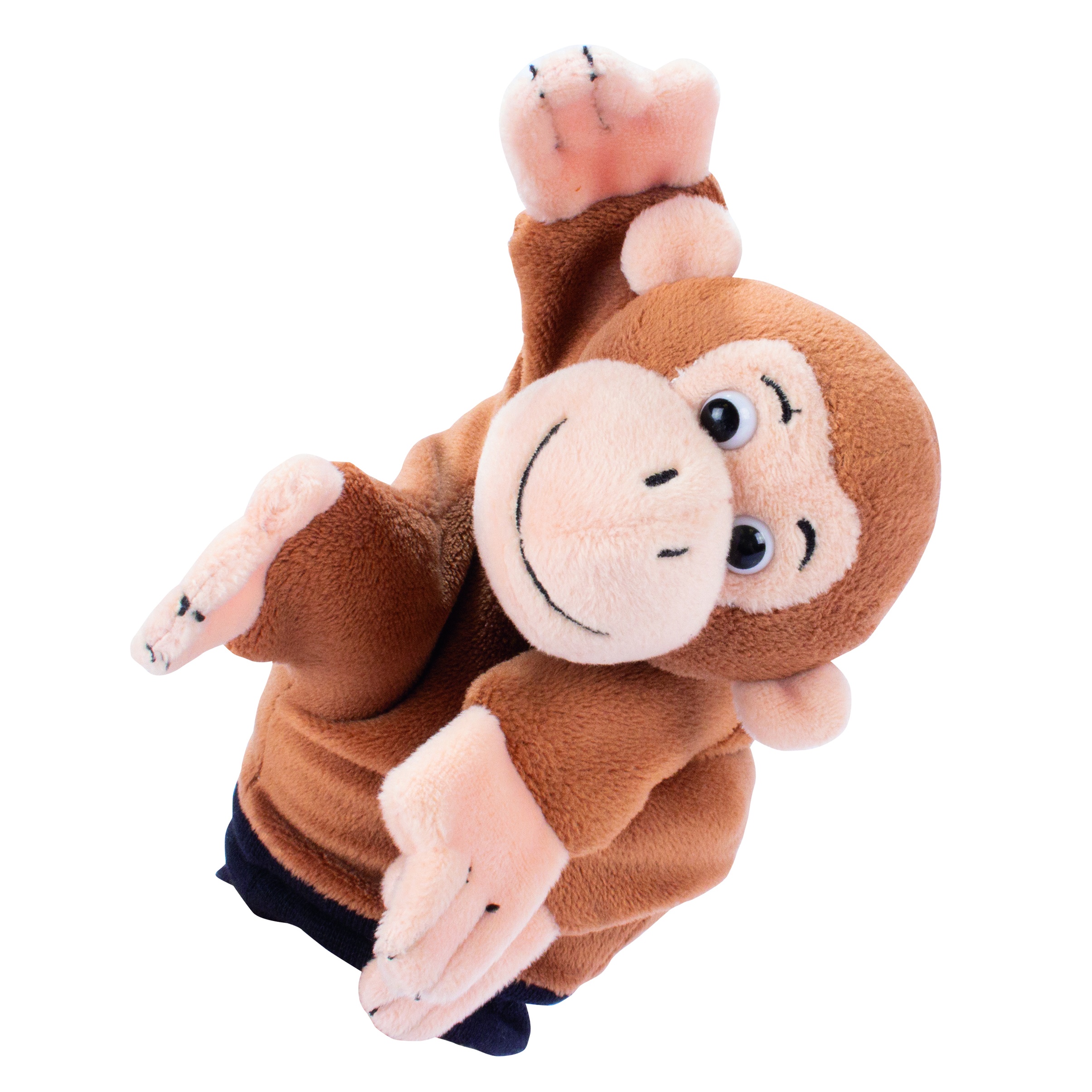 Beleduc Handpuppe Affe mit braunem Fell und hellem Gesicht, ein Arm nach oben gestreckt, Seitenansicht