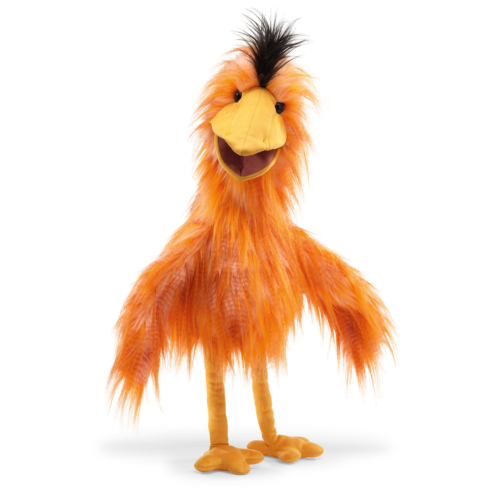 Folkmanis Handpuppe alberner Vogel mit orangefarbenem Zottelfell, gelbem Schnabel und schwarzem Haarschopf, Frontalansicht