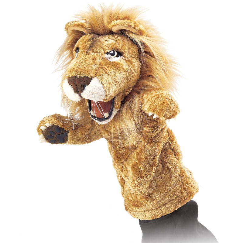 Folkmanis Löwe Handpuppe in Seitenansicht mit geöffnetem Maul, goldbraunem Plüschfell und voller Mähne, an Hand geführt