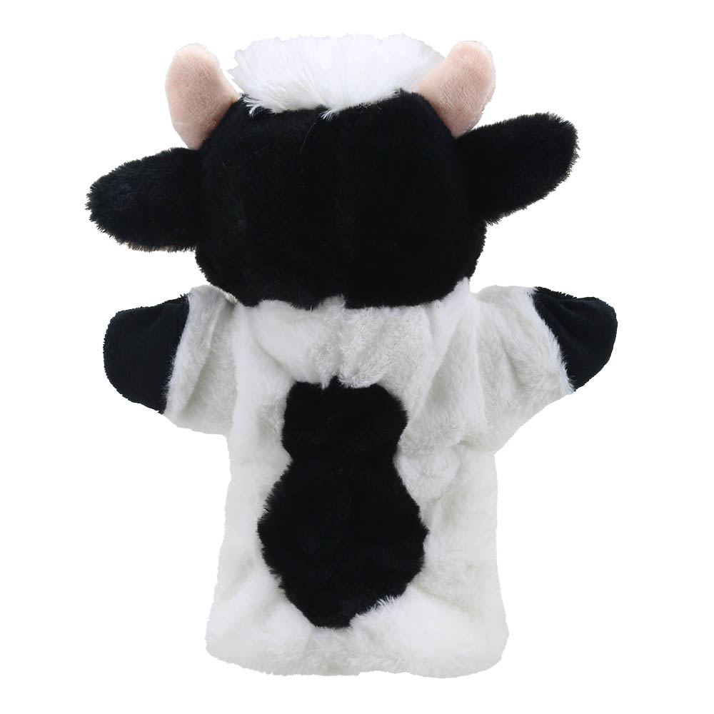 The Puppet Company Baby-Handpuppe Kuh, schwarz-weiße Handpuppe von hinten mit schwarzem Rückenfleck, Rückansicht